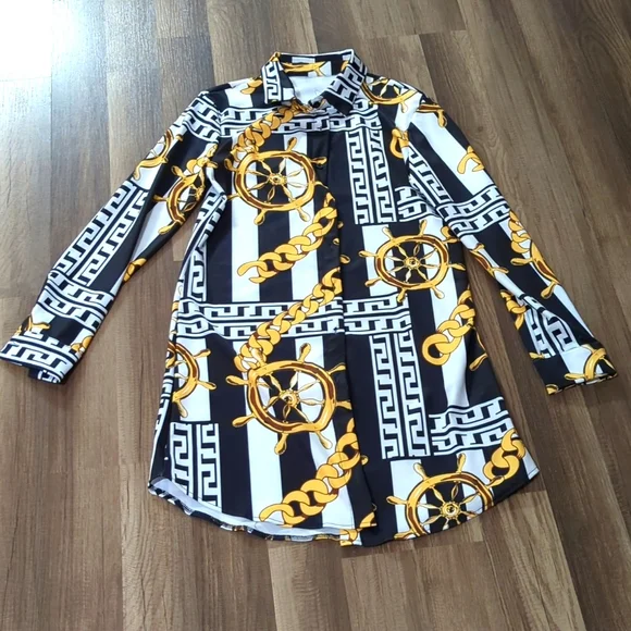 Dresses | Nwot Black And Gold Ship Wheel Chain Printed Dress | Poshmark